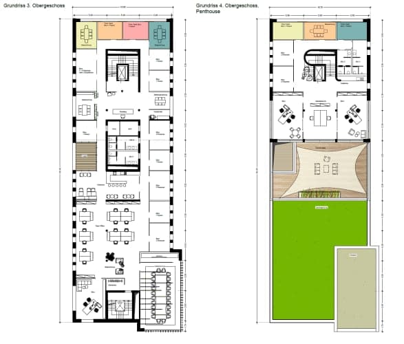 Grundrisse des 3. Obergeschosses und des Penthouses mit Dachterrasse, Sonnensegel und Gründach