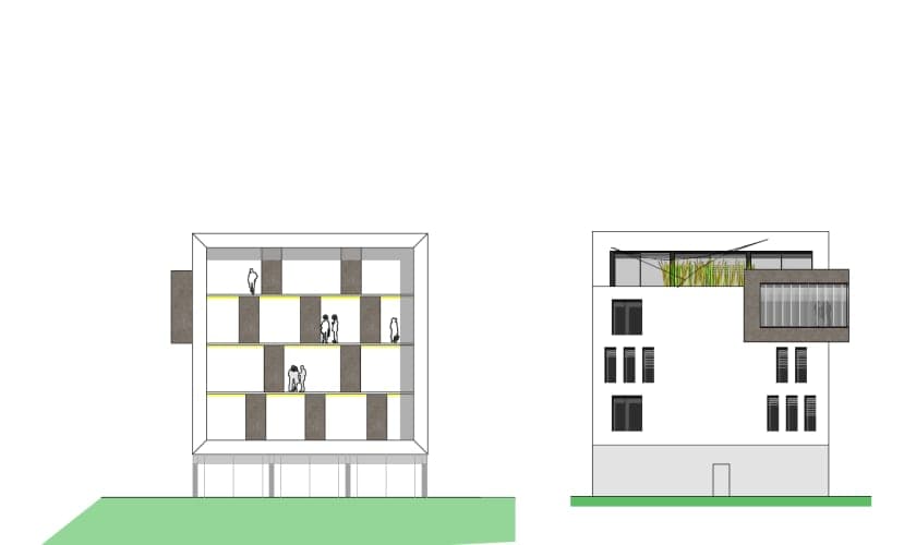Ansichtszeichnungen der gerahmten Glasfassade mit versetzten Paneelen und der Schmalseite mit Dachterrasse