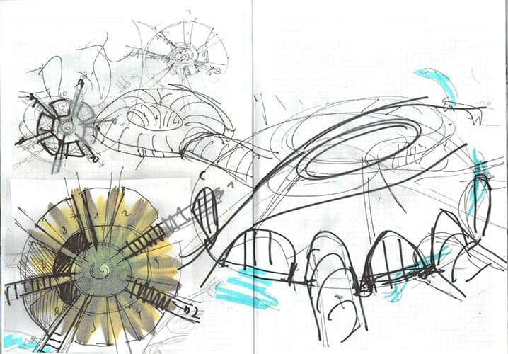Sketchbook page with radial plan sketches and a perspective of a ring-shaped building volume