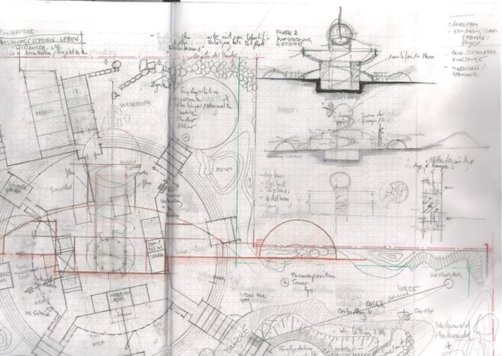 Sketchbook page with plan and section sketches of the tower for the Forschungsstation Leben concept