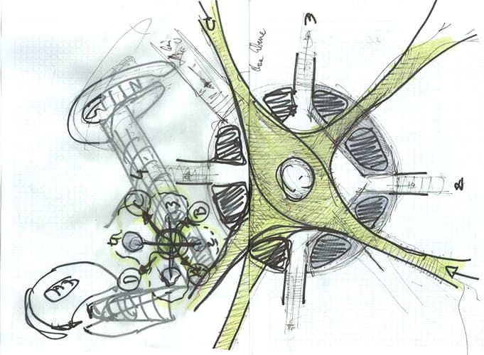Concept sketch for Mannheim showing the circular layout with rooms and paths arranged radially around a core