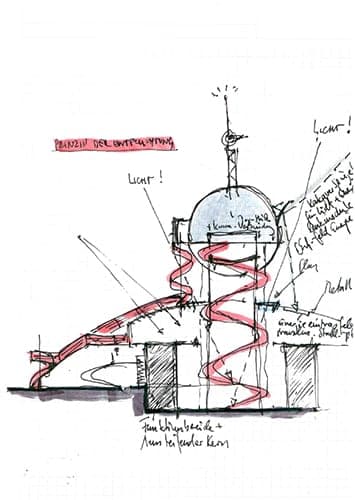 Section sketch of the tower with spiral slide, dome and arrows indicating how light enters