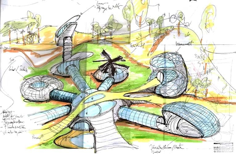 Coloured perspective sketch of dome pavilions linked to the centre by tube-like passages