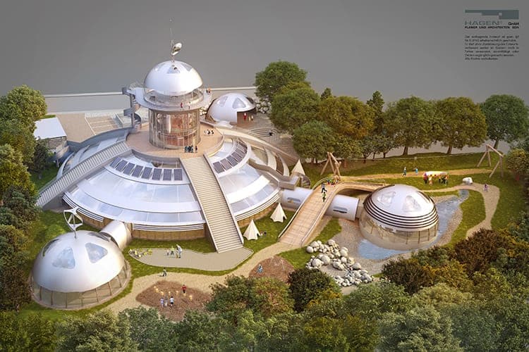 ActiveKid kindergarten in Mannheim, bird's-eye visualisation of the scheme with tower and dome buildings