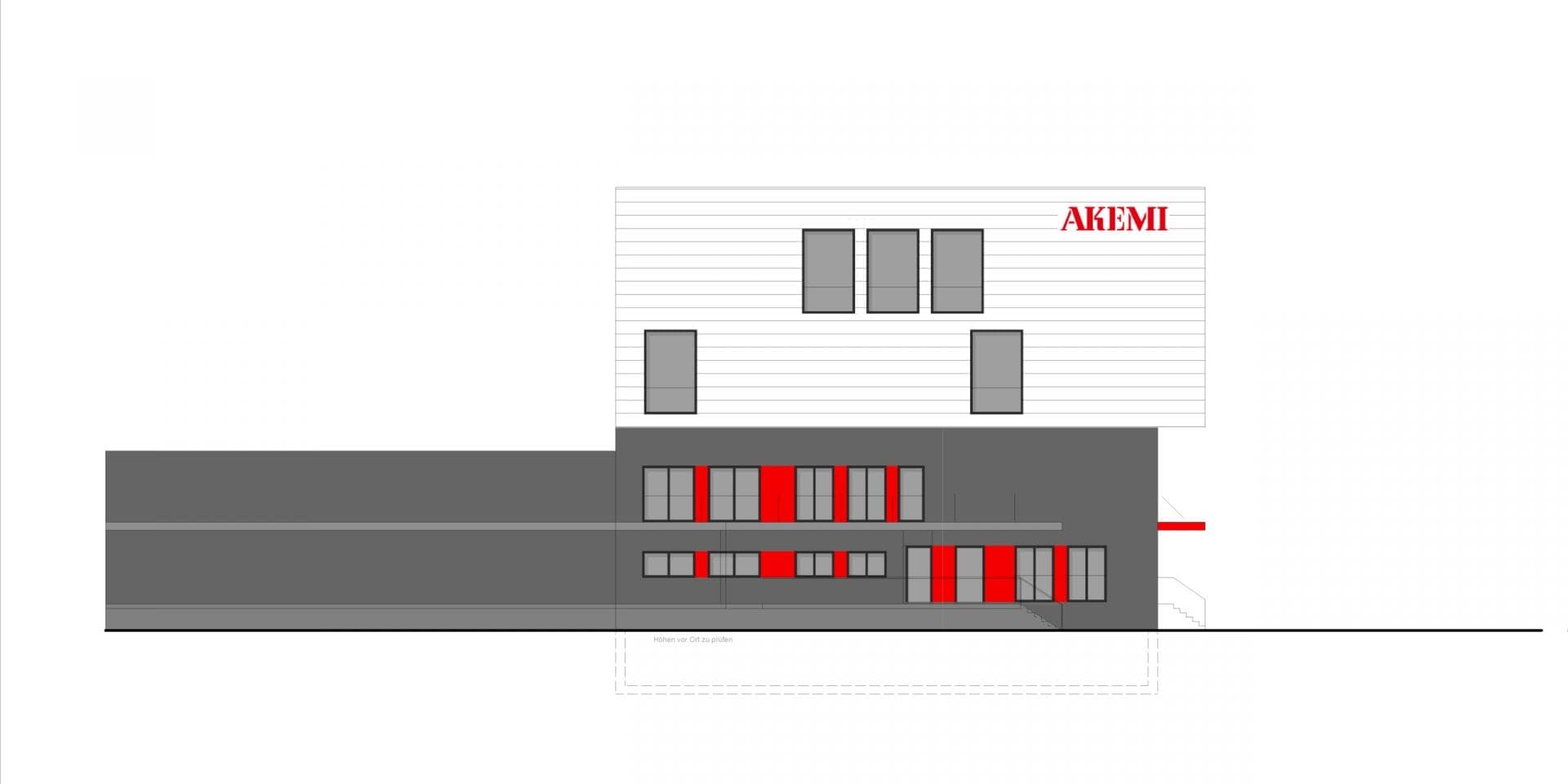 Side elevation drawing with a light upper storey above a dark base, red window accents and the company lettering