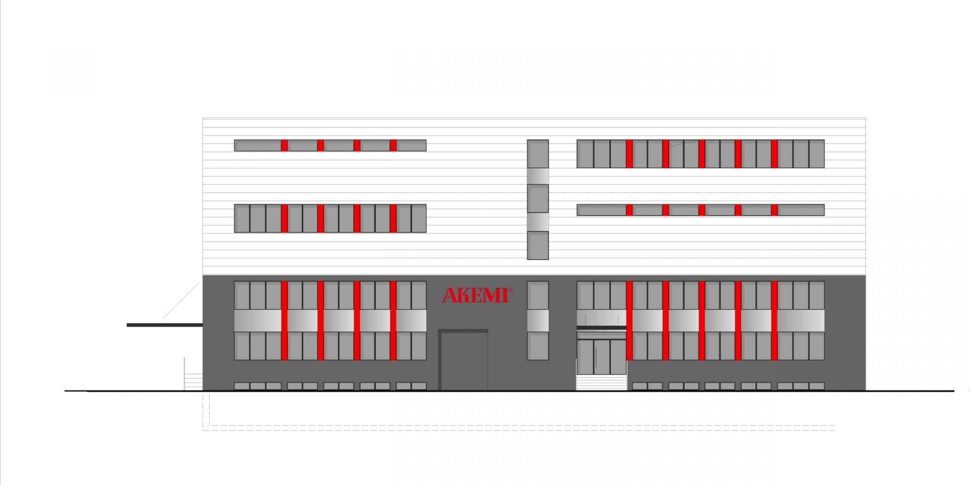 Elevation drawing of the entrance façade with red vertical window accents and lettering above the entrance