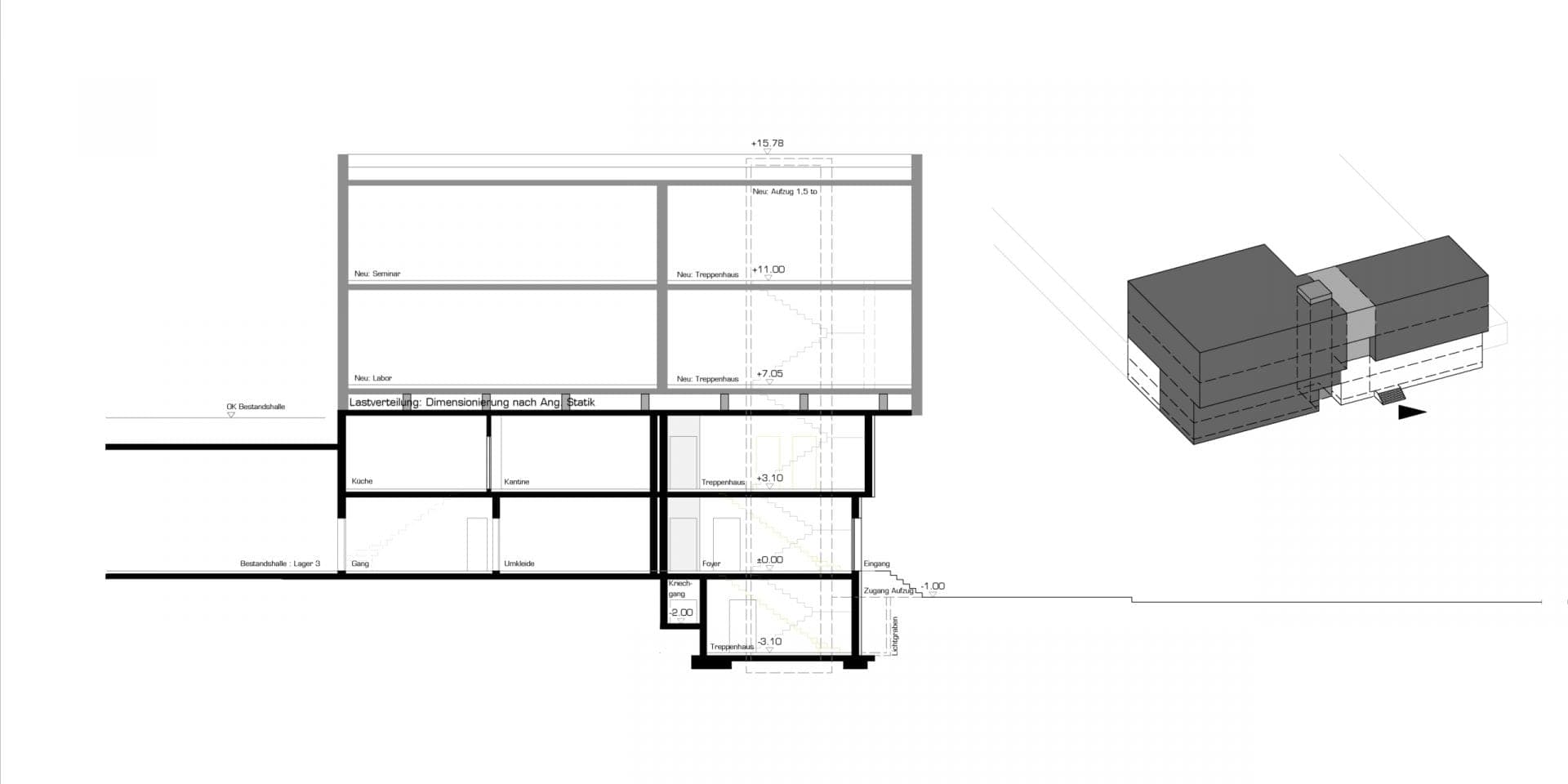 Section through the new building and existing hall with lab, seminar and canteen levels, beside an axonometric massing model