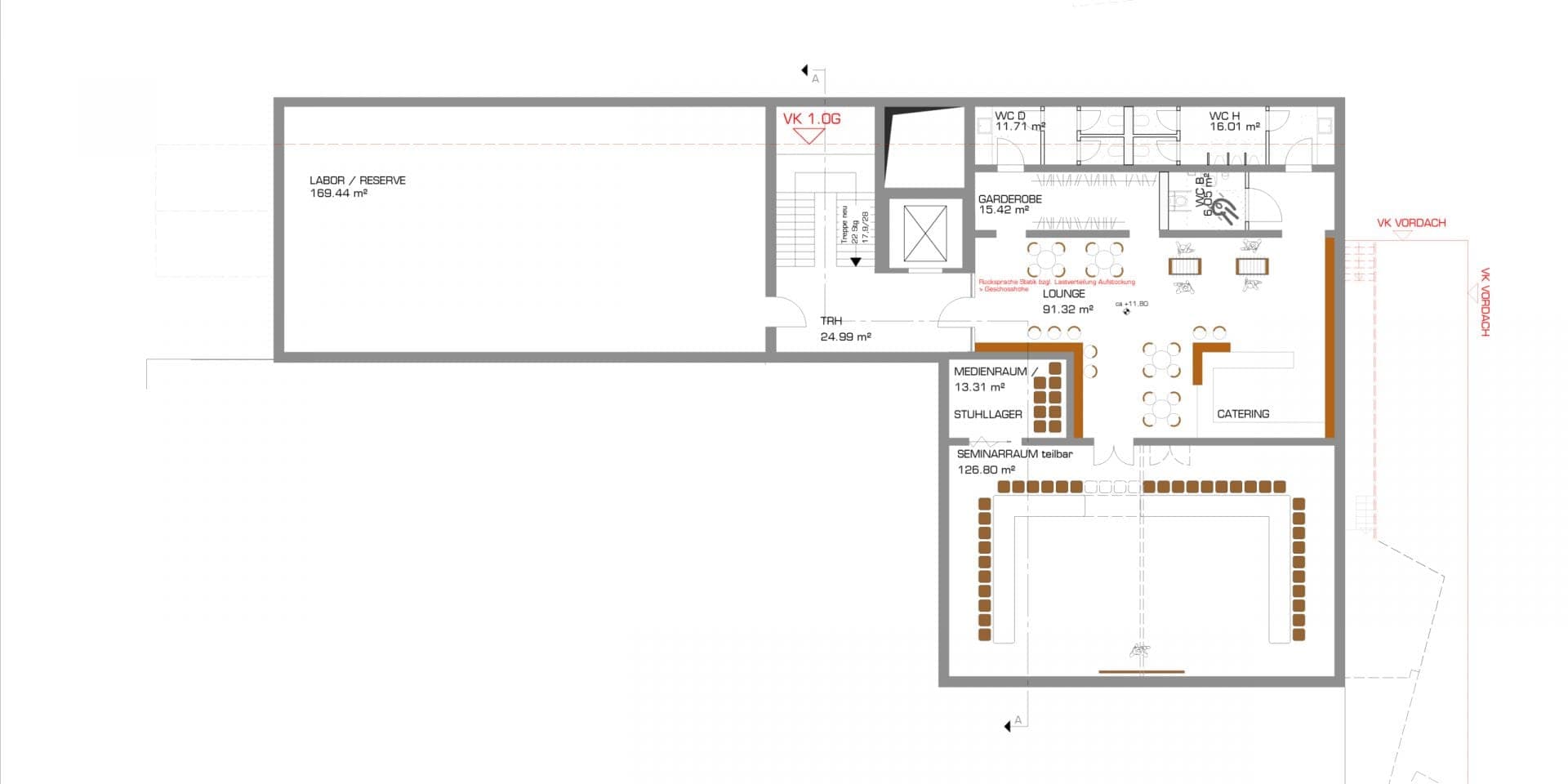 Floor plan with laboratory space, lounge, divisible seminar room and catering area in the laboratory and conference building