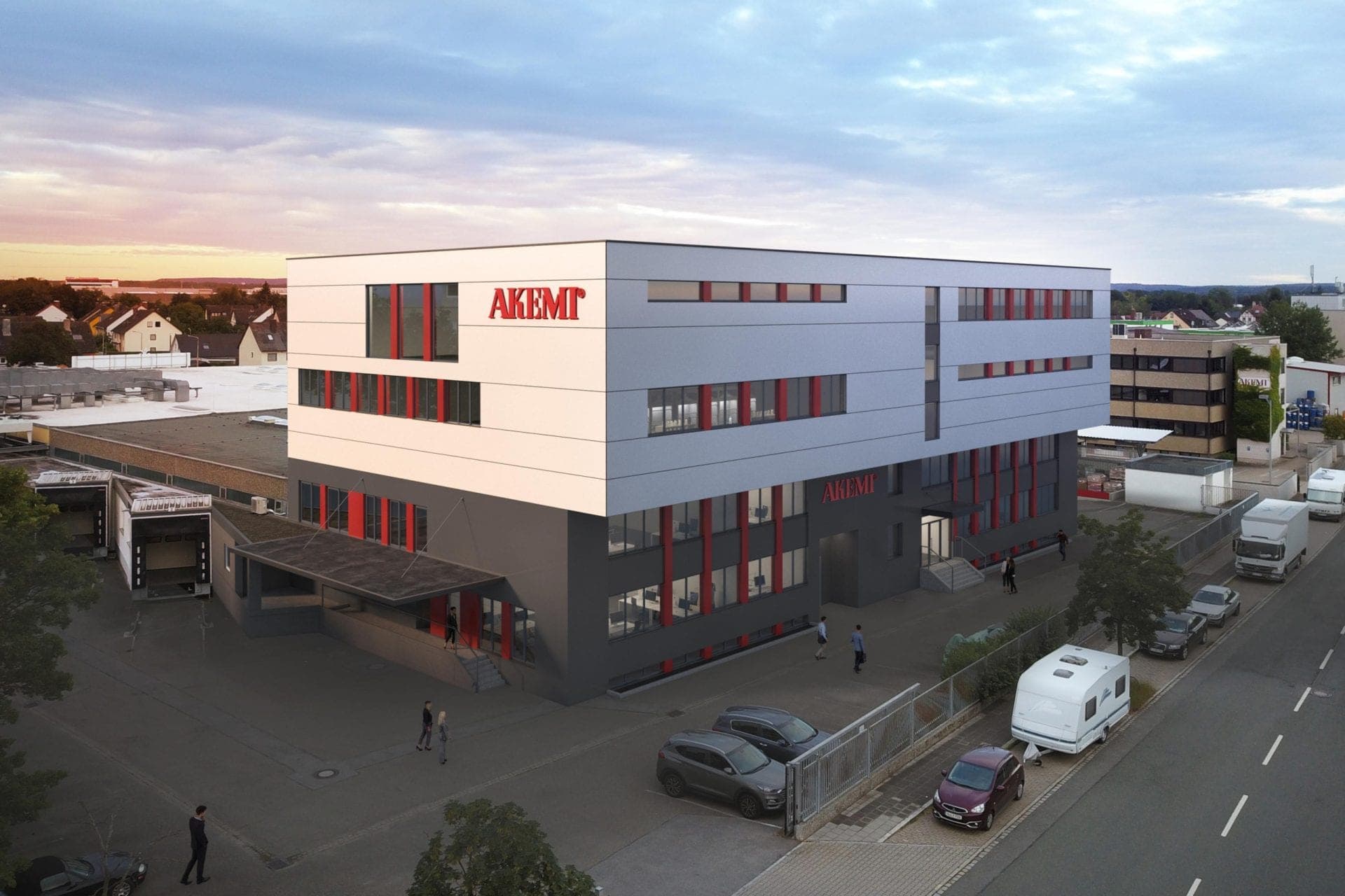 Laboratory and conference building for Akemi in Nuremberg, visualisation at dusk seen from the street