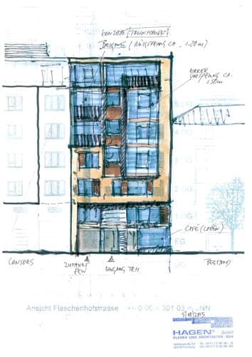 Coloured hand sketch of the Flaschenhofstraße façade elevation with a bay, balconies and a ground-floor café