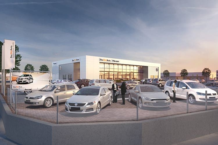 Visualisation of the dealership at dusk with vehicles and figures on the forecourt