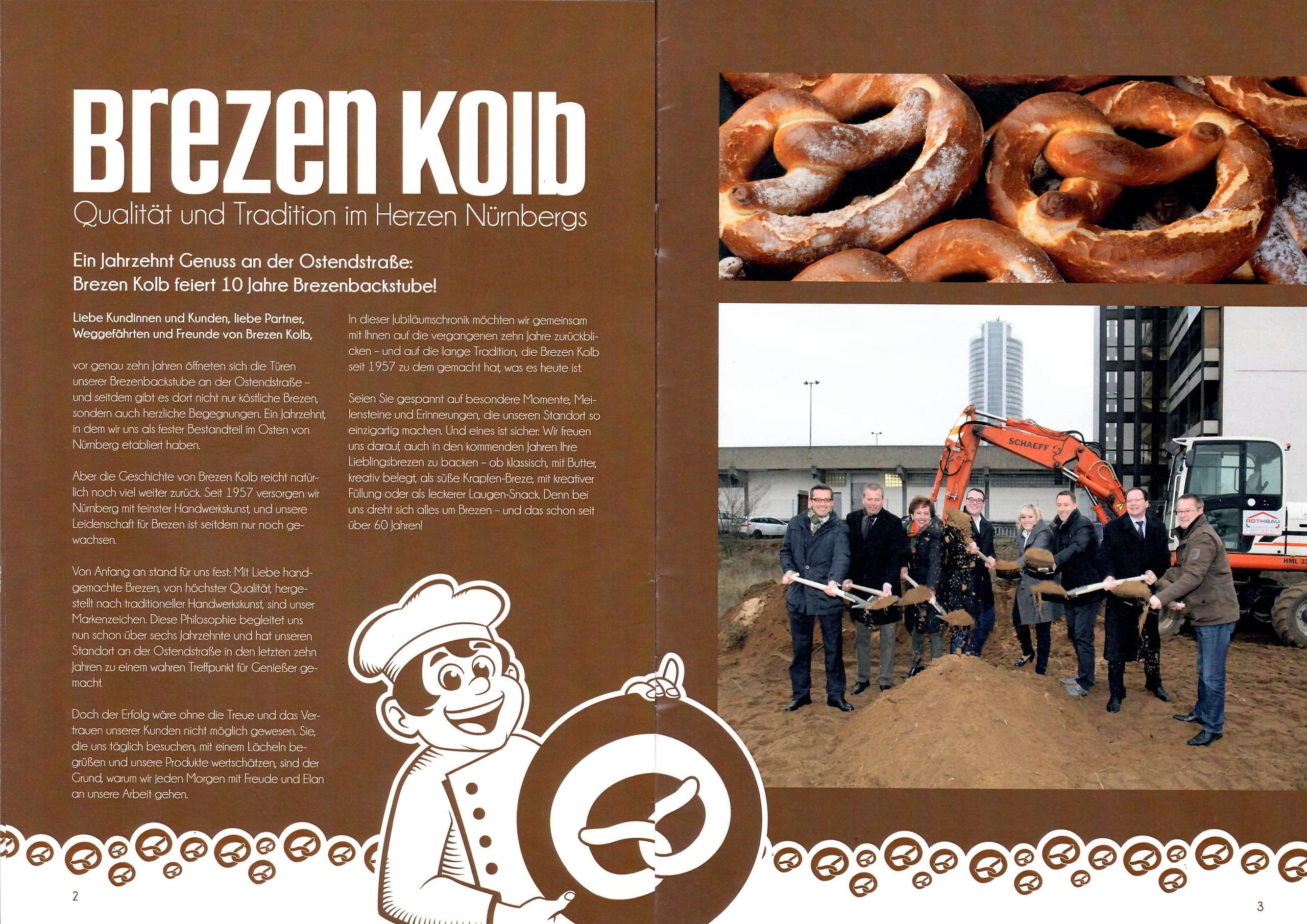 Double page of the anniversary brochure with text, pretzels and a group shot from the groundbreaking