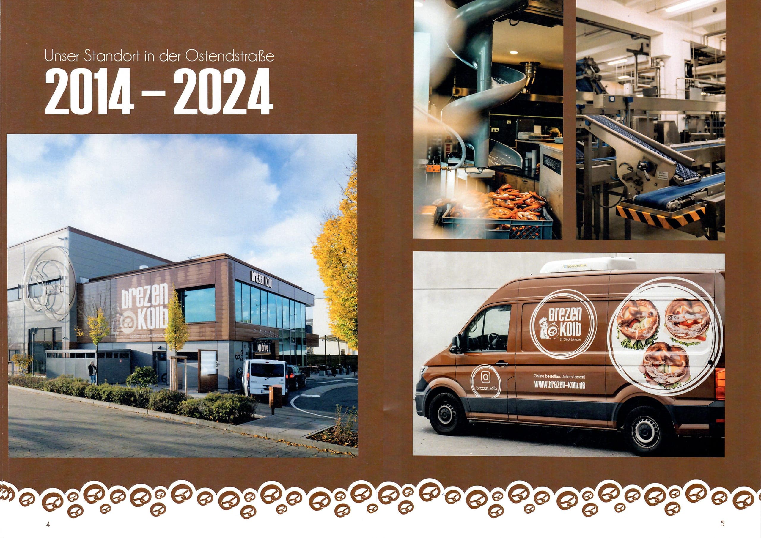 Brochure page with photos of the Nuremberg site, the production line and a delivery van