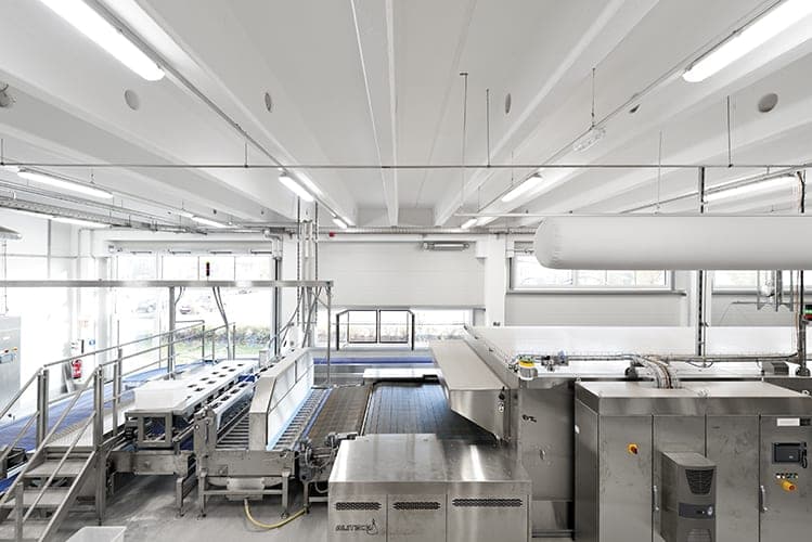 Stainless-steel production line with a stair platform in front of the hall's window front