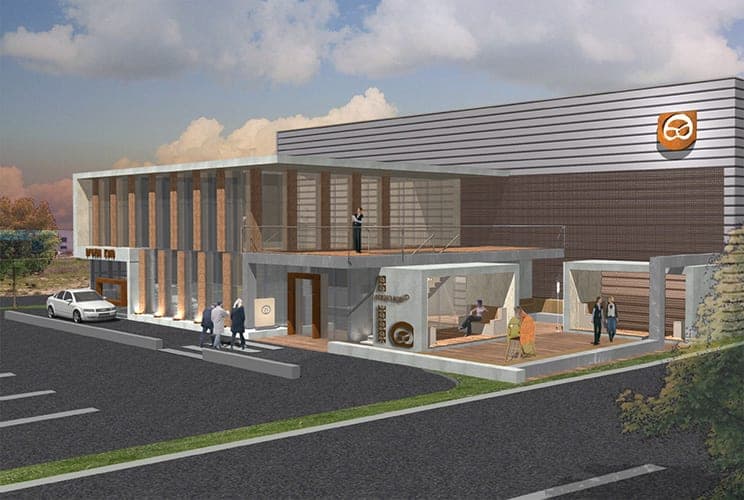 Visualisation of the head building with entrance, first-floor terrace and logo on the hall by day