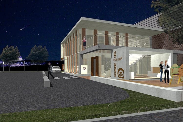 Night-time visualisation of the glazed head building with a lit staircase and terrace