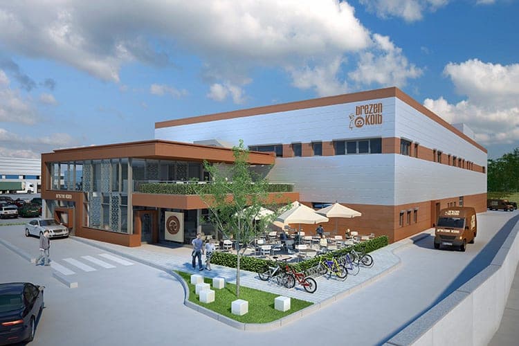 Visualisation of the whole complex with café terrace, bicycle parking and a delivery van