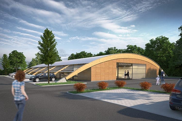 Community centre in Scheinfeld, visualisation of the entrance beneath the vaulted roof with timber arches and glazing