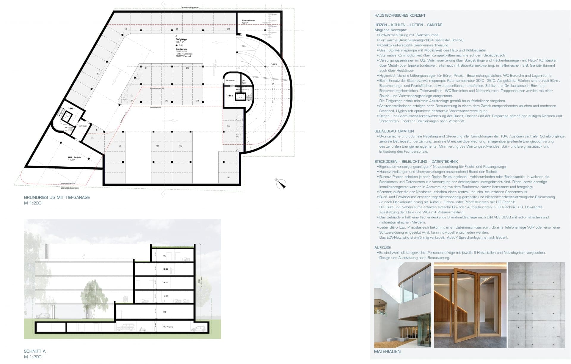 Underground car park plan and building section, alongside notes on the building services concept and material photos