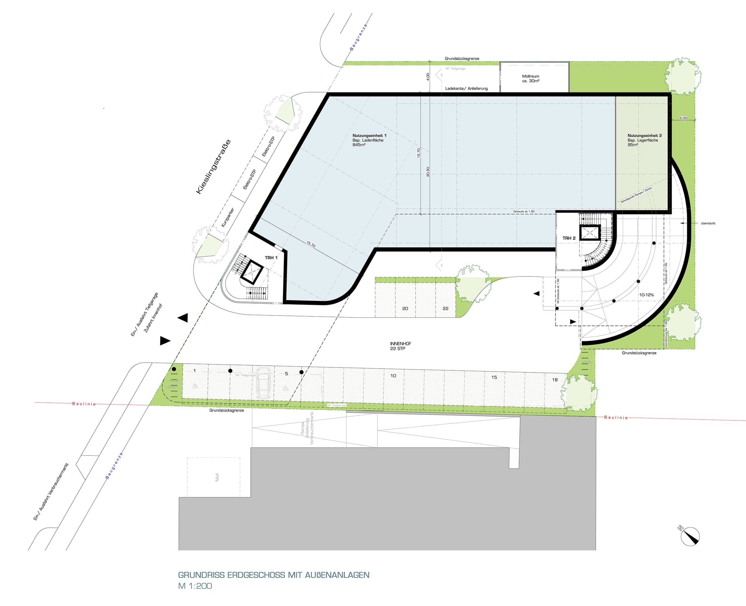 Ground floor plan with outdoor areas, courtyard parking and the connection to Kieslingstraße