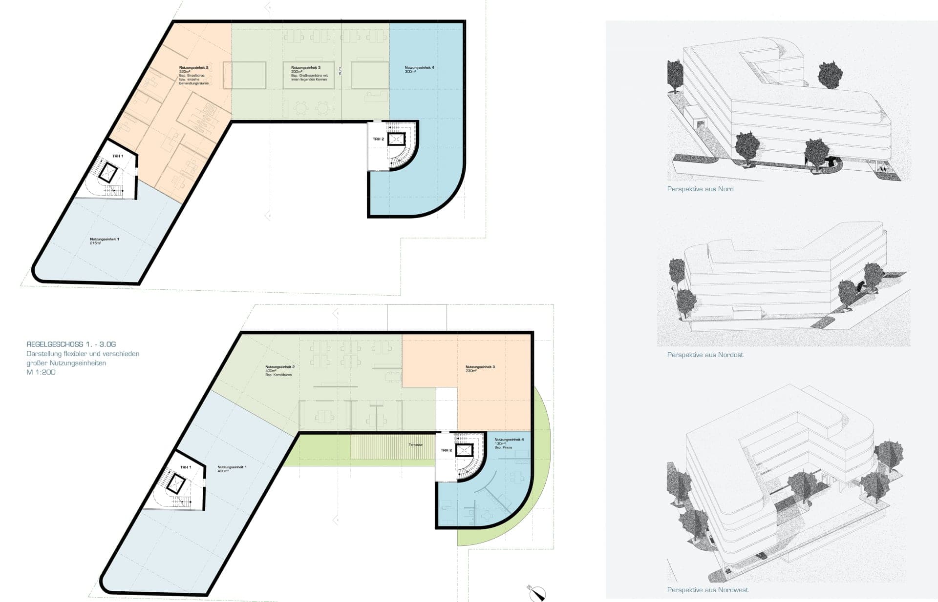 Two typical floor plans with colour-coded tenant units and three perspective sketches of the building volume