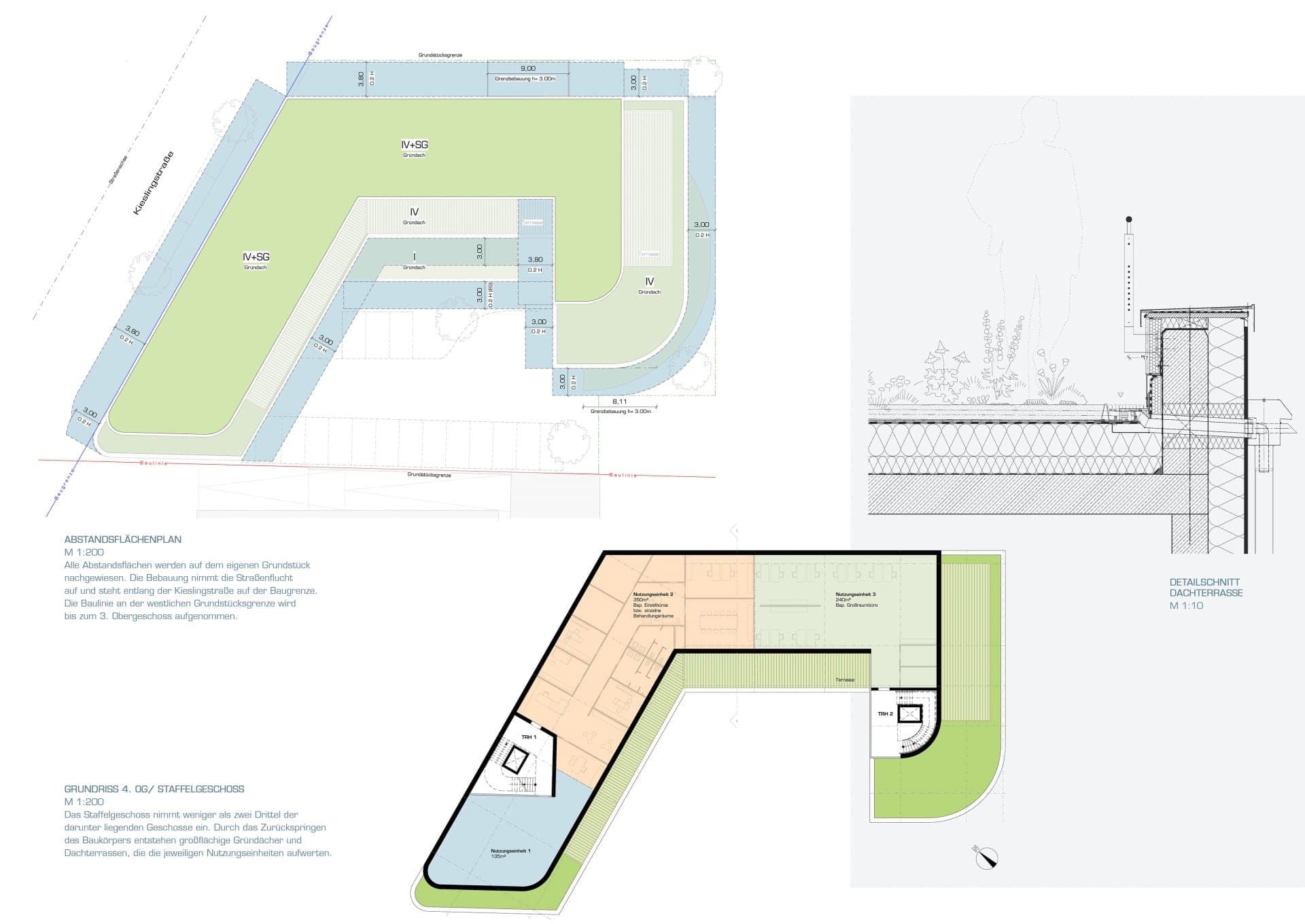 Setback plan, top-floor plan with roof terraces and a detail section through the planted roof terrace