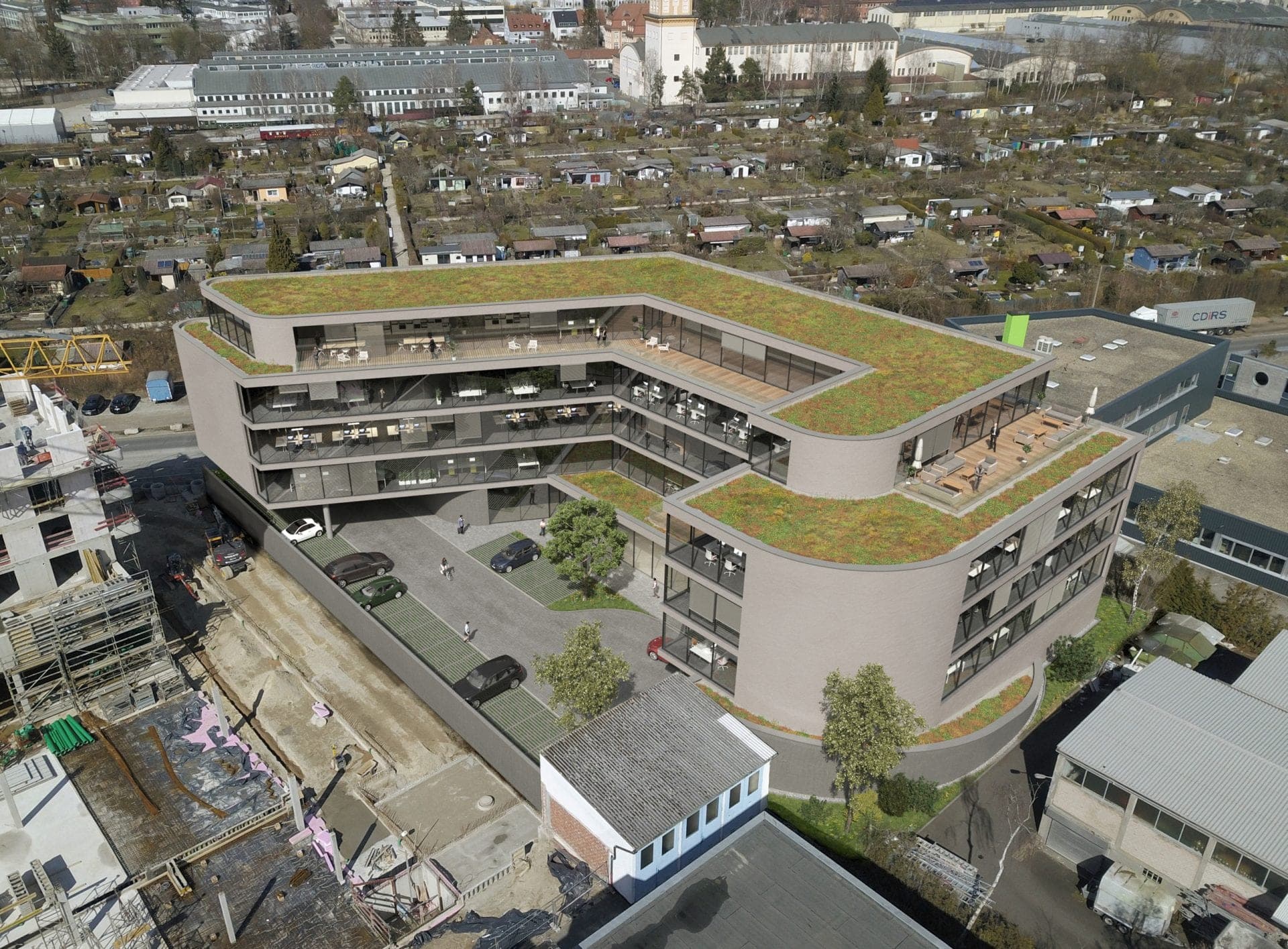 Office and commercial building on Kieslingstraße in Nuremberg, aerial photomontage of the horseshoe-shaped green-roofed block