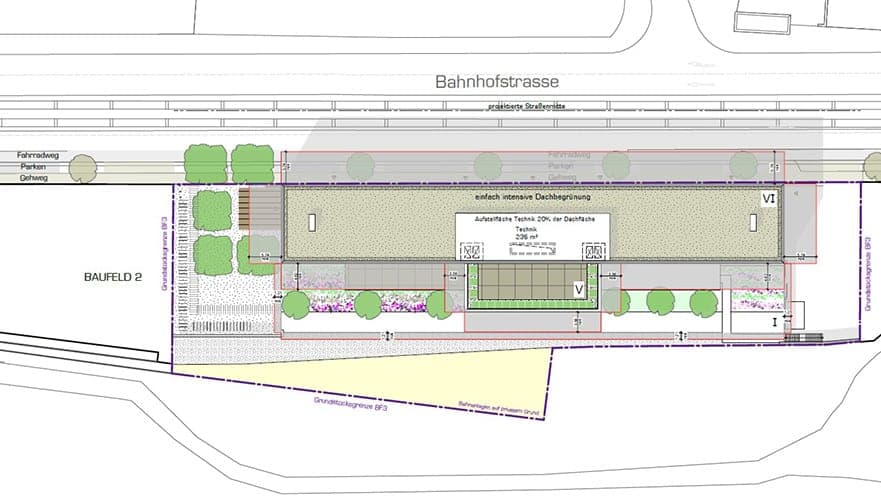 Lageplan des Baufelds an der Bahnhofstraße mit Dachbegrünung, Technikfläche und Freianlagen