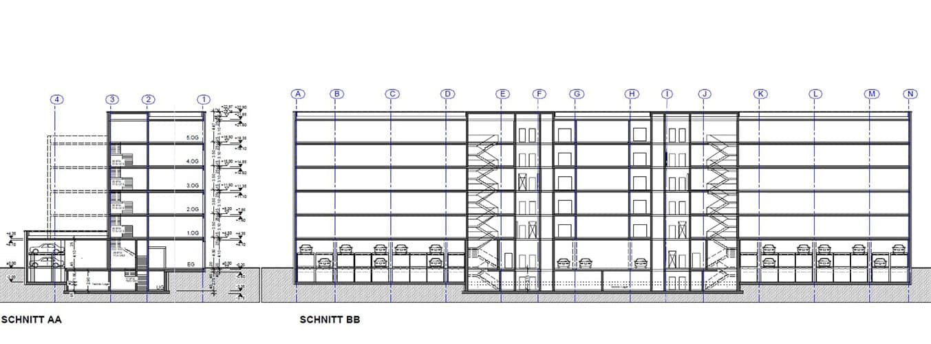 Schnitte AA und BB durch den Bürobau mit Treppenhäusern, Parkebenen und Geschossen bis zum fünften Obergeschoss