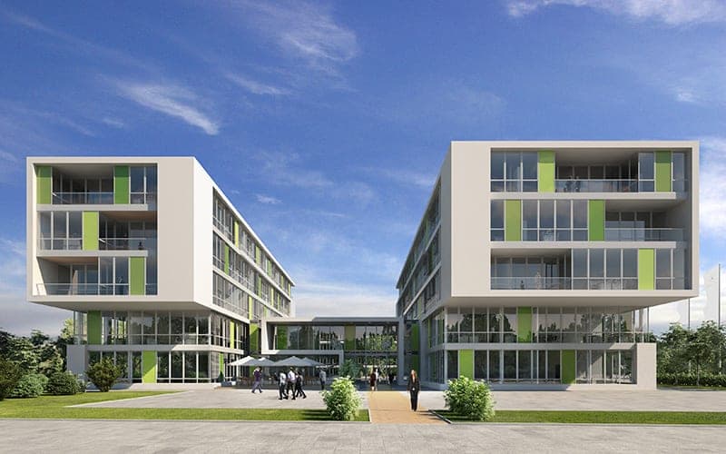 Visualisierung des Vorplatzes zwischen den Bürobauten mit Sonnenschirmen, Rasenflächen und Fußweg zum Verbindungsbau