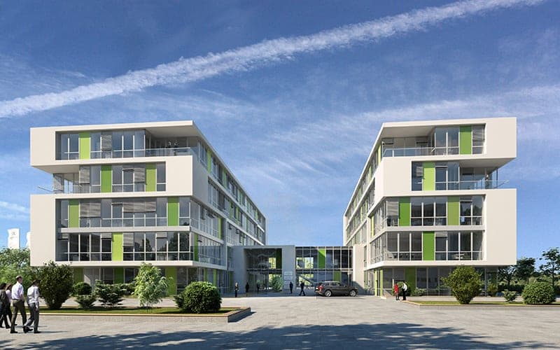 Bürokomplex Milchhofareal in Nürnberg, Visualisierung der beiden fünfgeschossigen Bauten mit verglastem Verbindungsbau
