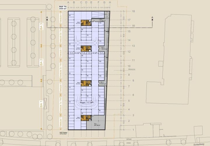 Floor plan of the underground car park beneath the three construction phases with 117 spaces and four stair cores