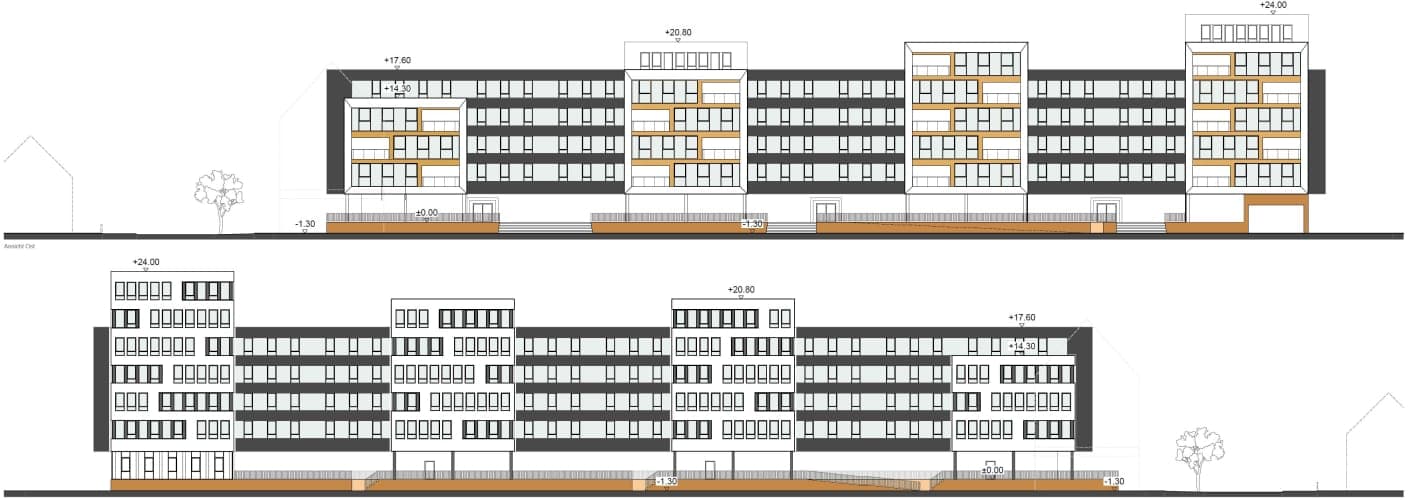 Two elevation drawings of the office complex with height levels up to 24 metres and staggered head buildings