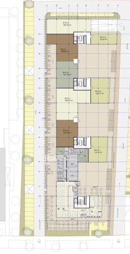 Floor plan with colour-coded office units of varying sizes and a restaurant area with tables