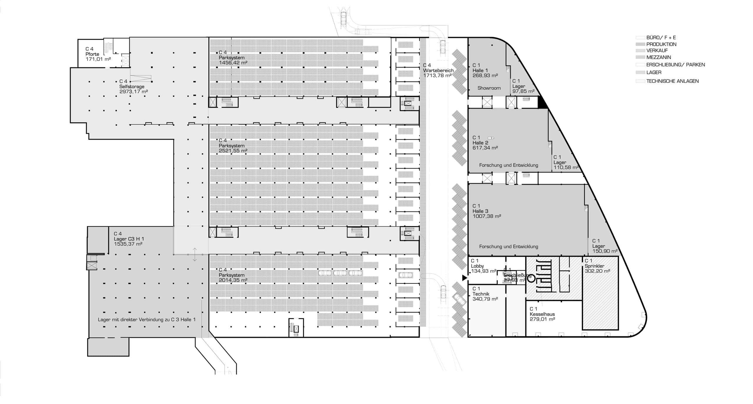 Grundriss mit Parksystem, Selfstorage und Lager in Cluster IV, daneben Hallen für Forschung und Entwicklung