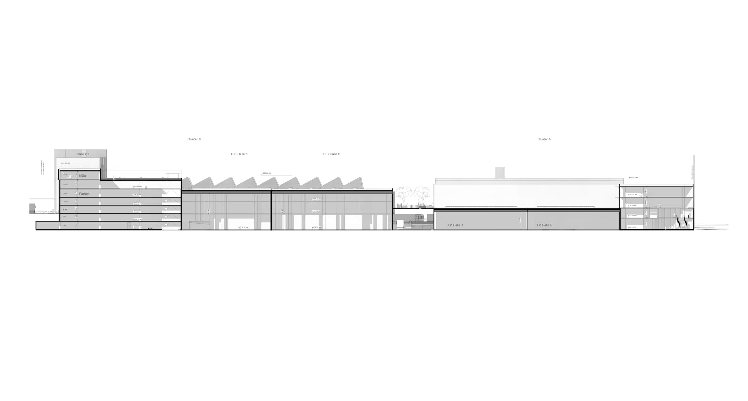 Schnitt durch Cluster III und II mit Parkhaus, Sheddachhallen und einer großen Halle mit Flachdach