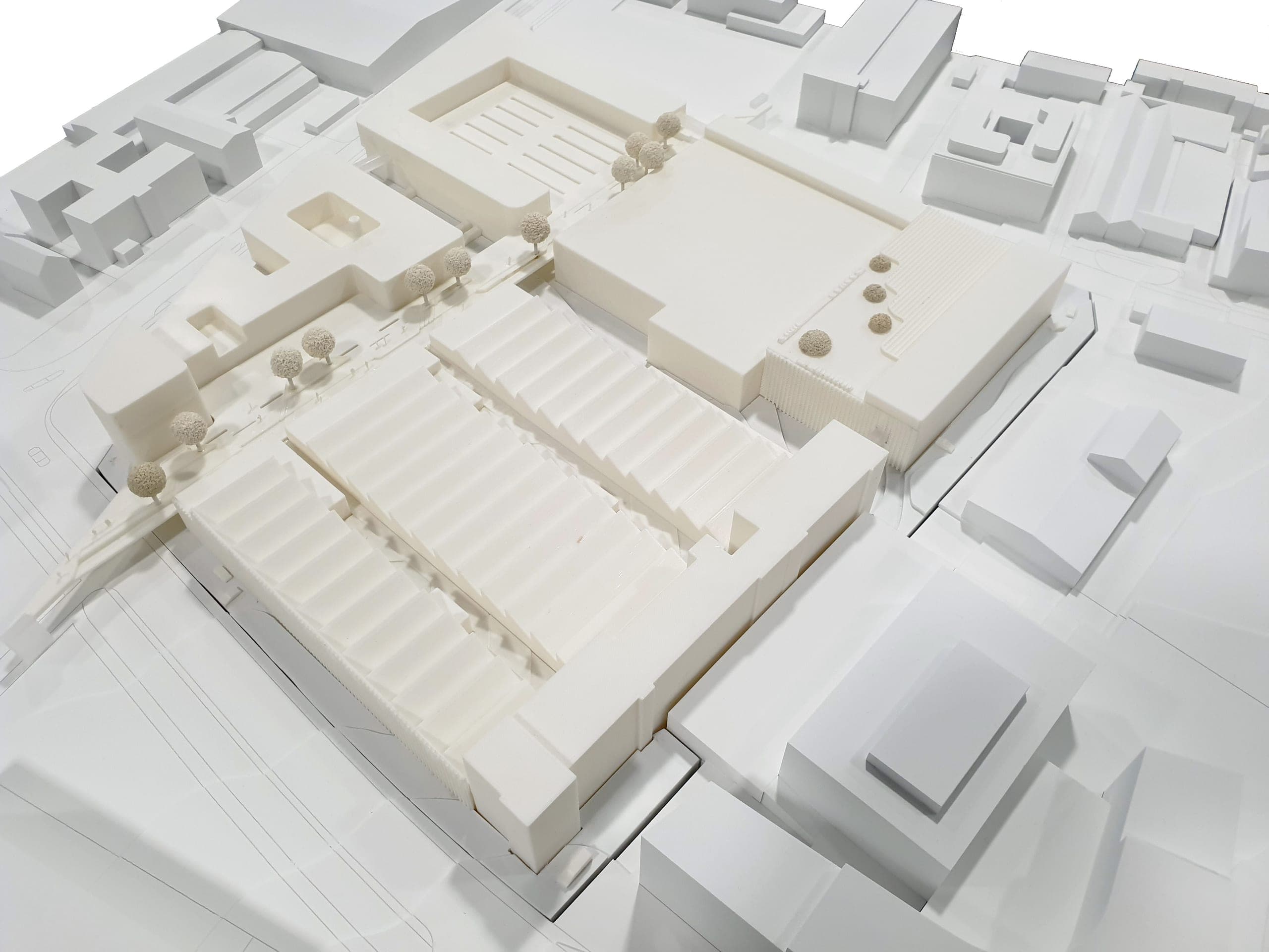 Modellfoto in Aufsicht auf die Sheddachhallen und die Höfe zwischen Bestand und Neubauten in Ludwigsburg
