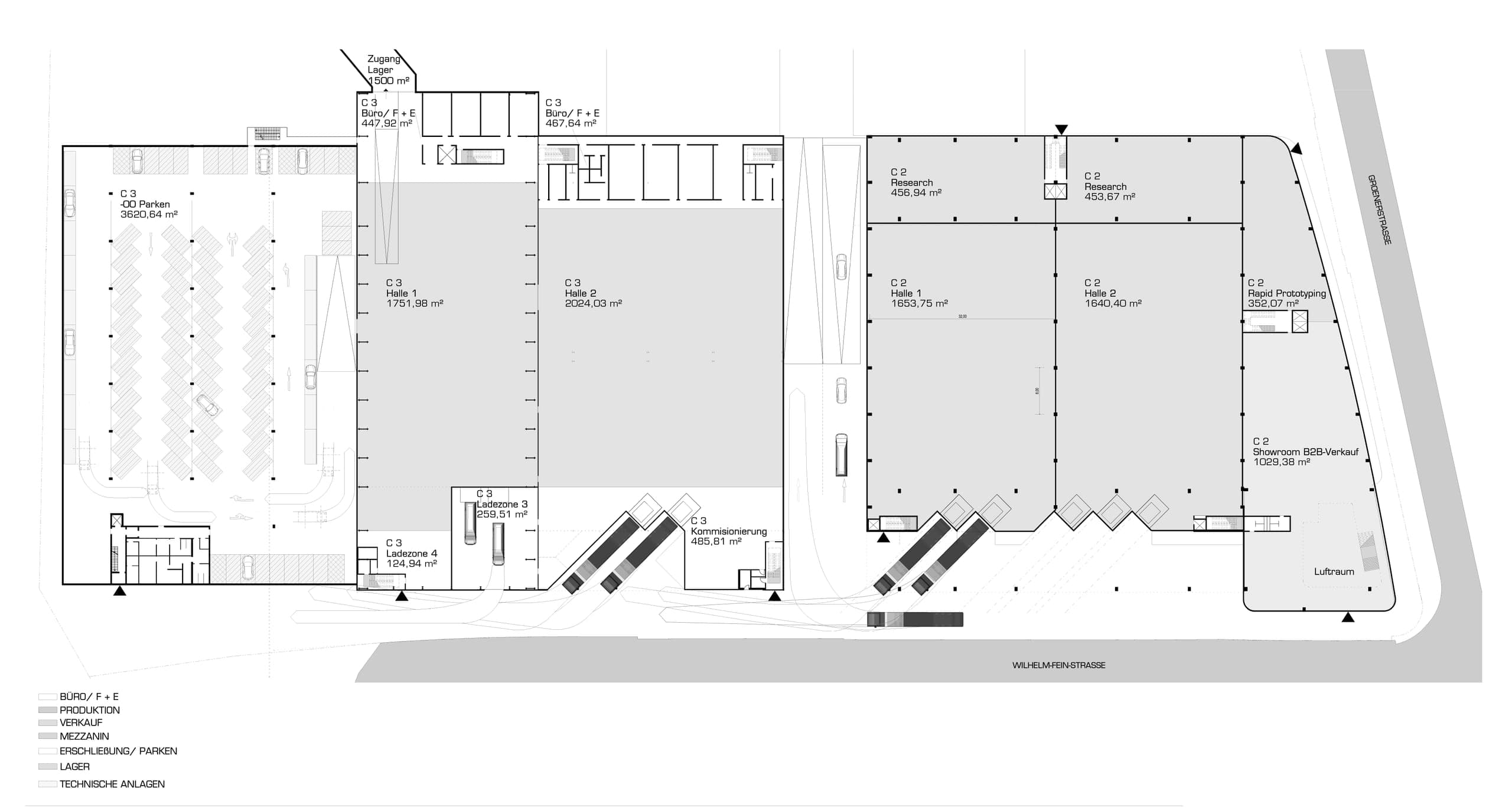 Grundriss mit Parkdeck, Hallen und Ladezonen in Cluster III sowie Research-Flächen und Showroom in Cluster II