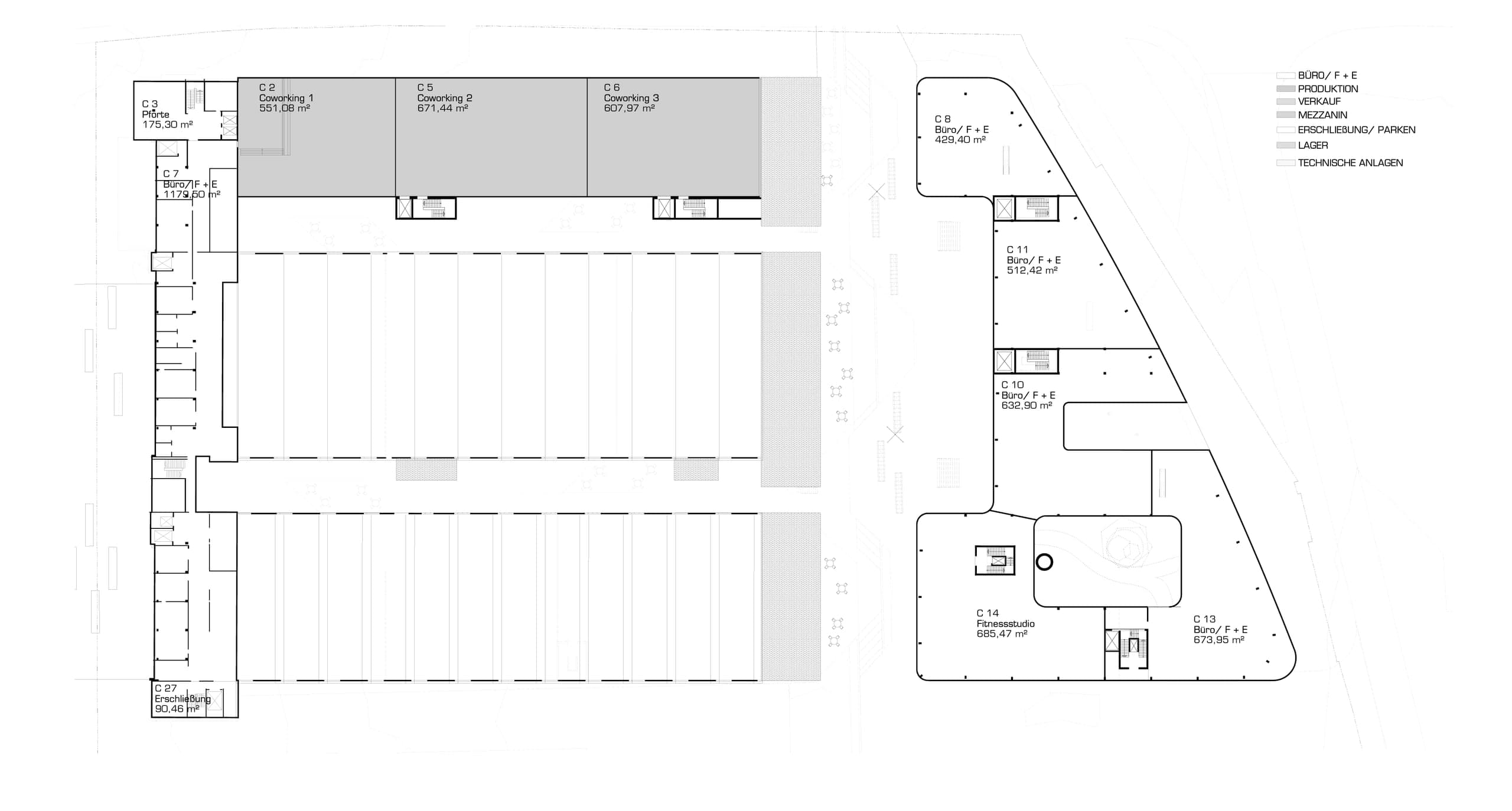Grundriss eines Obergeschosses mit Coworking-Flächen, Büros für Forschung und Entwicklung und Fitnessstudio