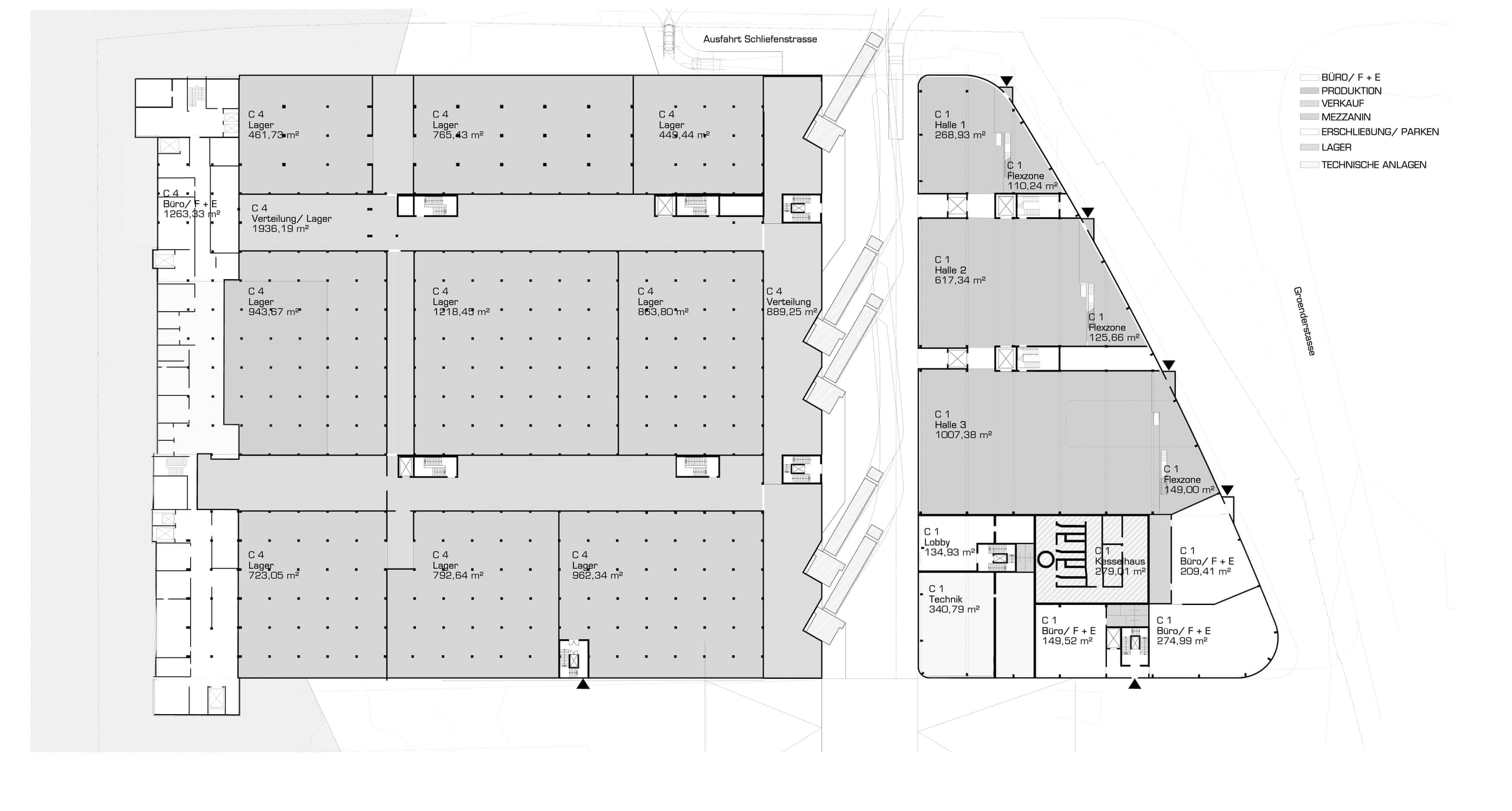 Grundriss mit Lagerhallen und Verteilflächen in Cluster IV sowie Hallen und Flexzonen im dreieckigen Cluster I