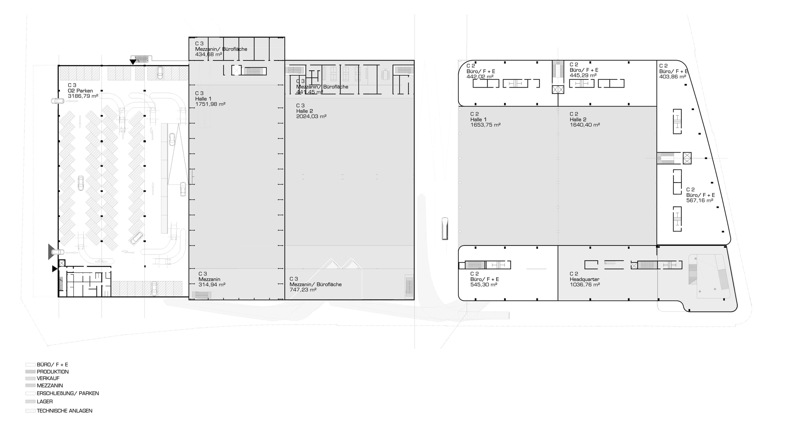 Grundriss mit Mezzaninebenen über den Hallen in Cluster III und Büroflächen rund um die Hallen in Cluster II