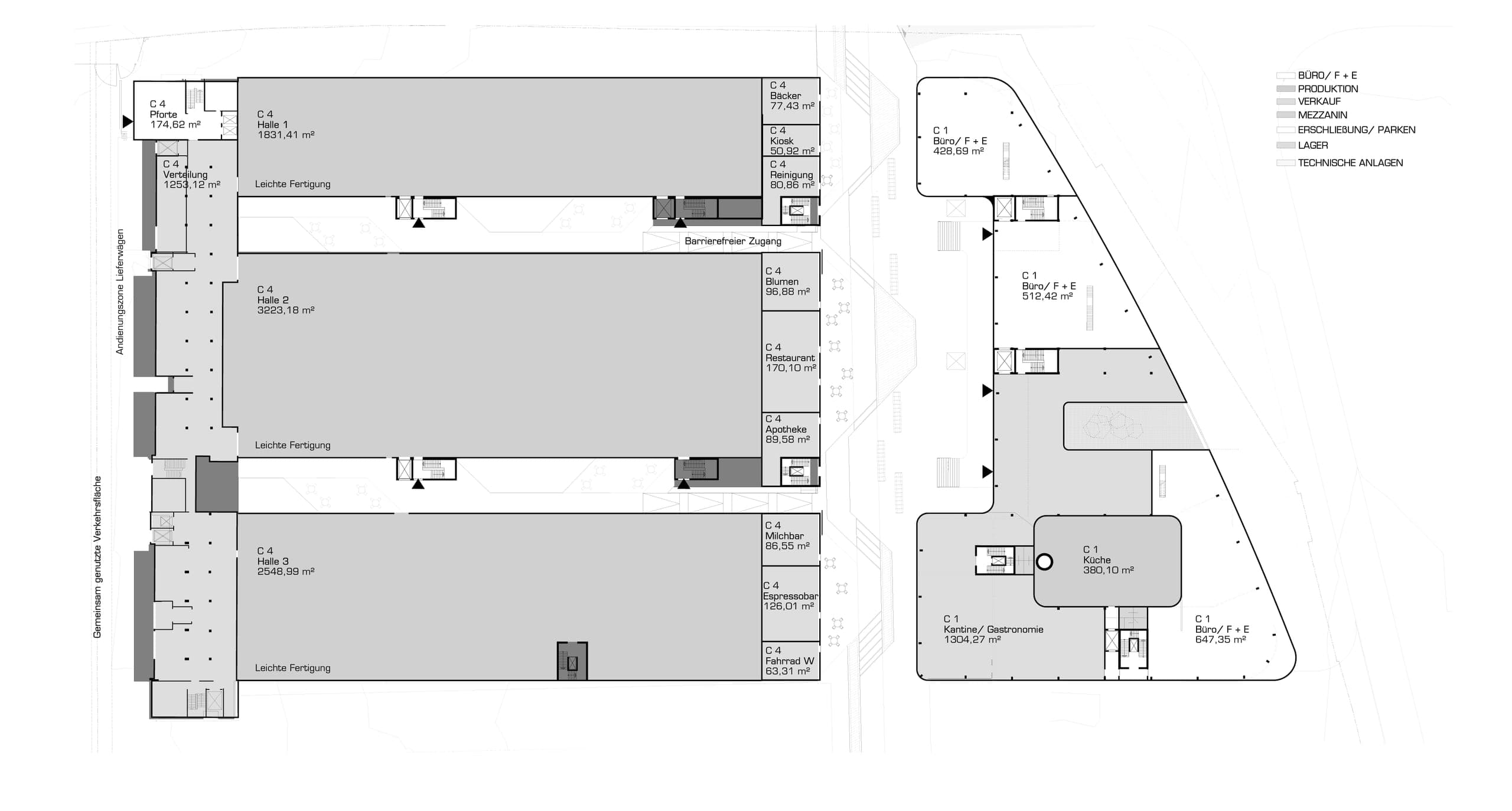 Grundriss mit drei Hallen für leichte Fertigung, kleinen Ladeneinheiten und einer Kantine in Cluster I