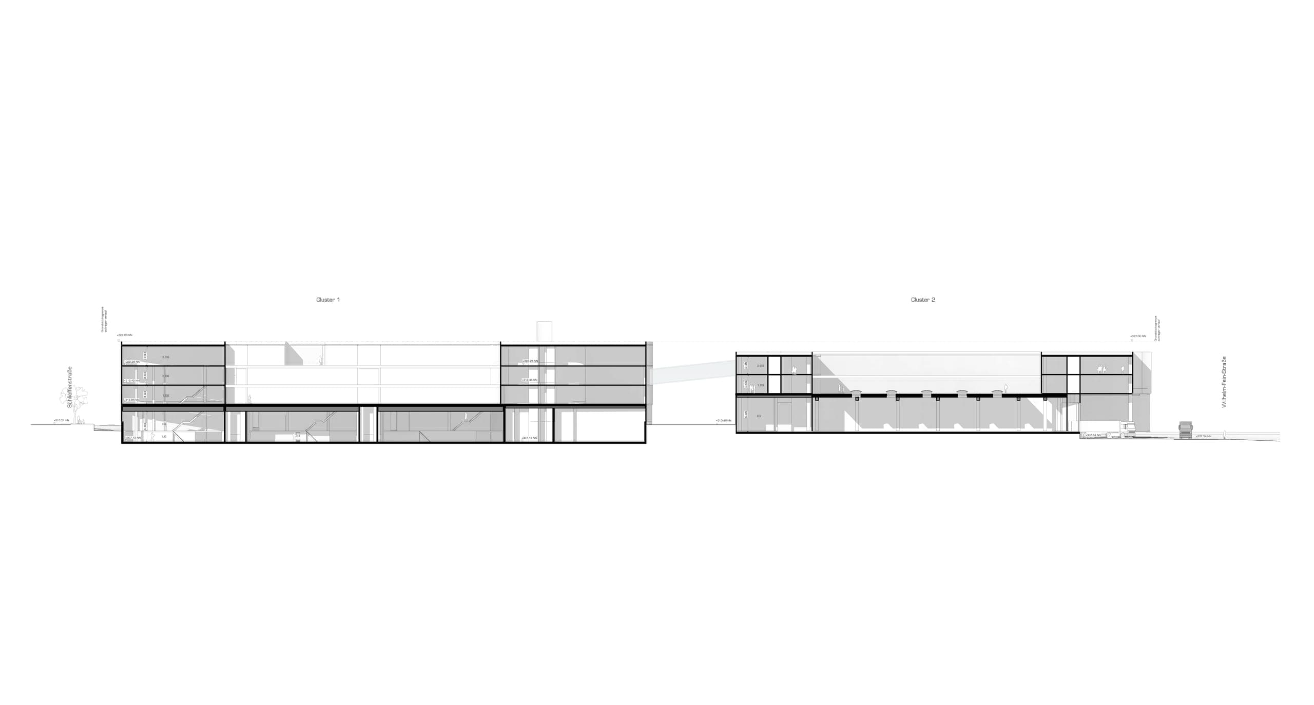 Querschnitt durch Cluster I und II mit Hallen im Erdgeschoss und mehrgeschossigen Randbauten darüber