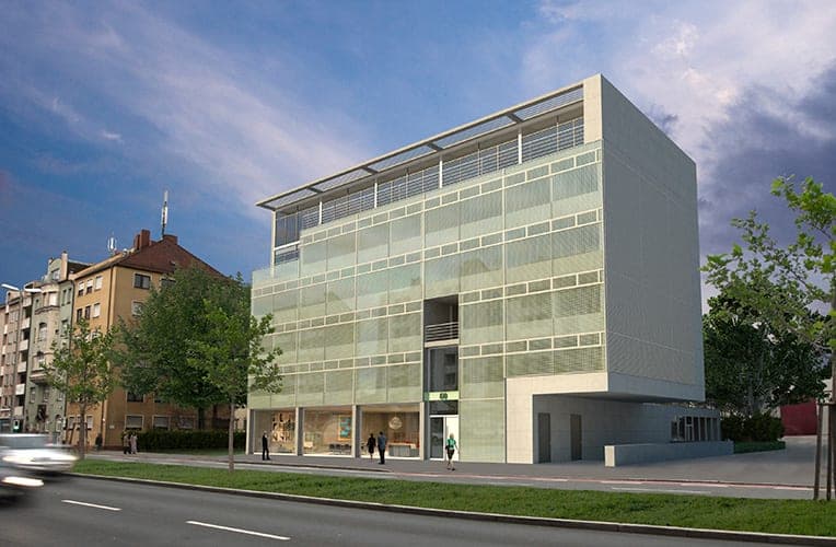 Büro- und Geschäftshaus CitiLine in Nürnberg, Visualisierung mit siebbedruckter Fassadenhaut zur Straße