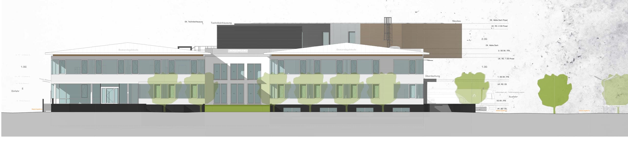 Ansichtszeichnung mit Höhenkoten, Bestandsgebäude im Vordergrund und Bäumen entlang der Fassade