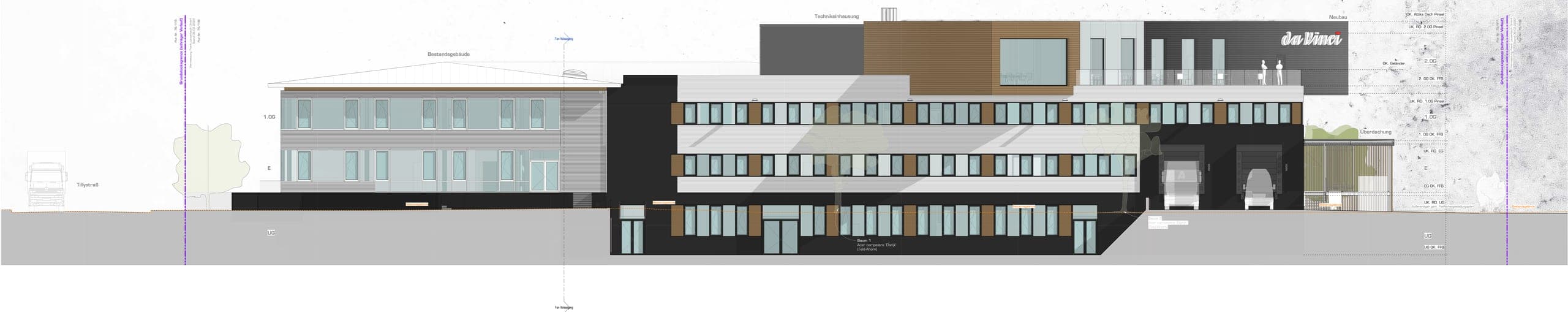 Ansichtszeichnung mit Lkw-Anlieferung, Dachterrasse im Obergeschoss und Bestandsbau links