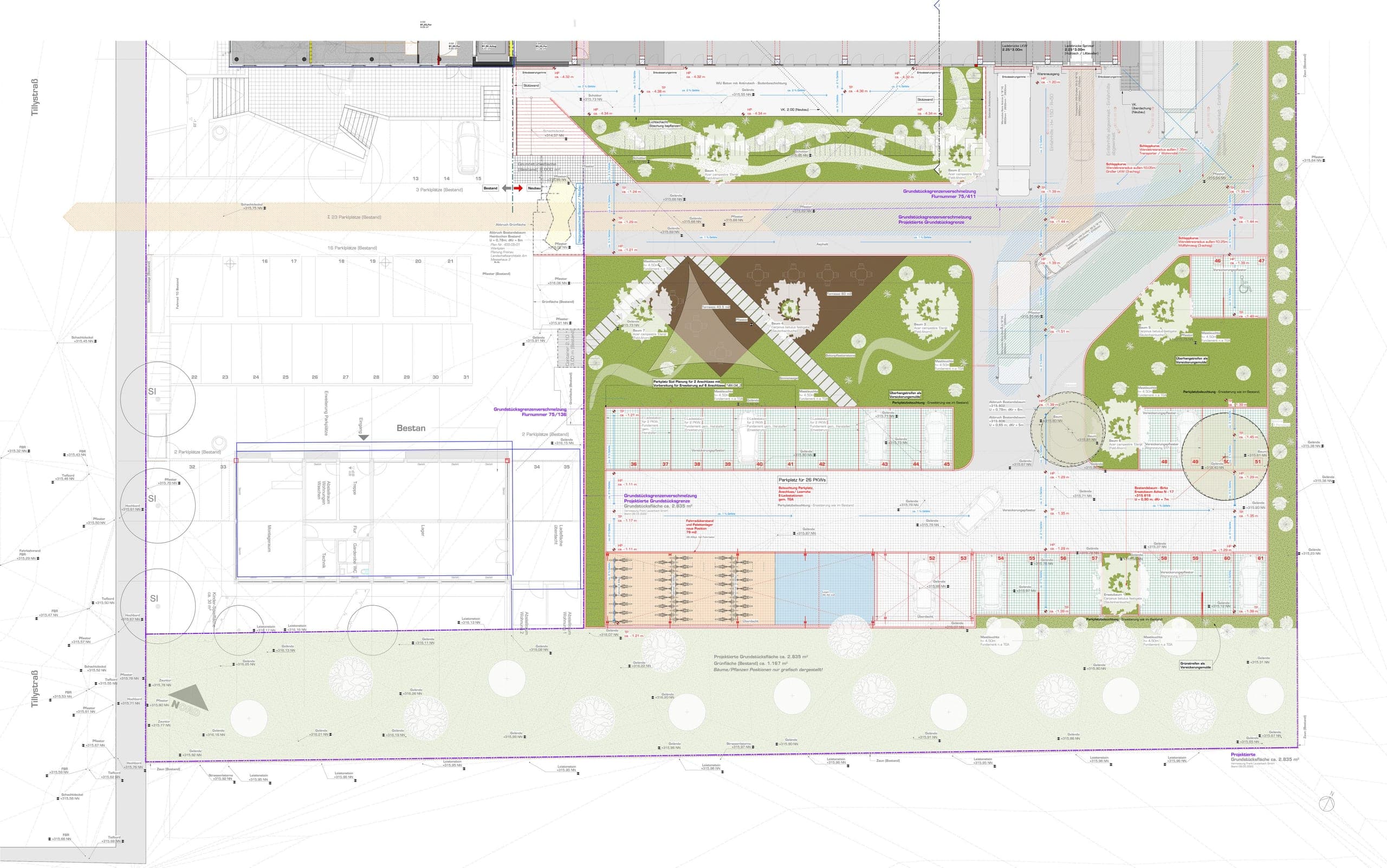 Lageplan der Pinselmanufaktur mit Stellplätzen, Bestandsbau und begrünten Freiflächen