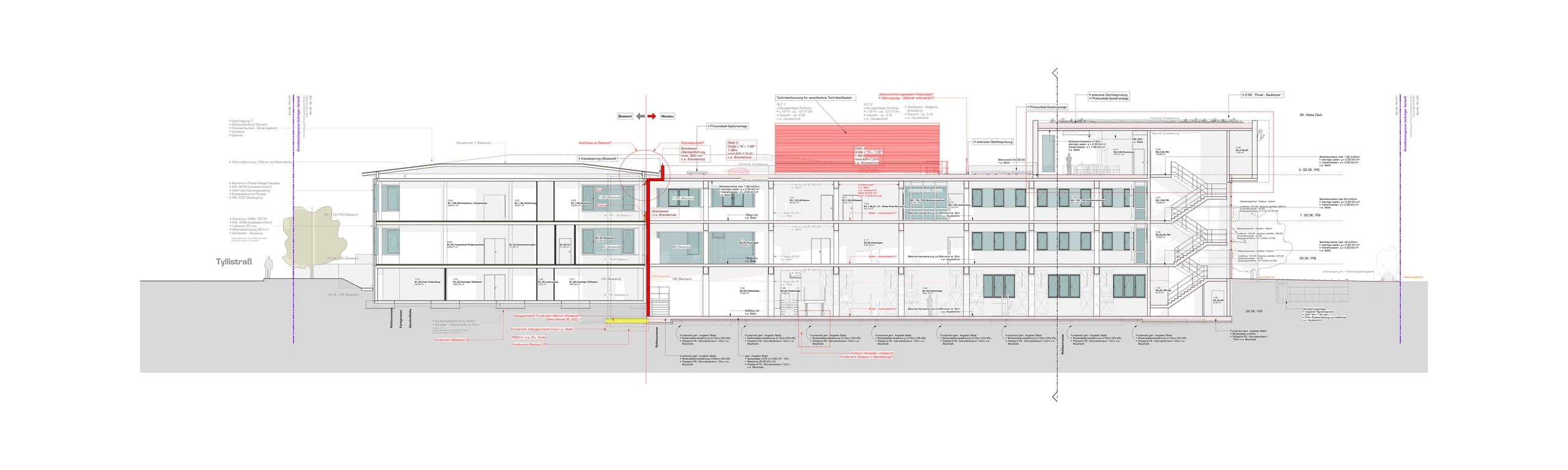 Längsschnitt durch Bestand und Neubau mit Geschossen und außenliegender Treppenanlage
