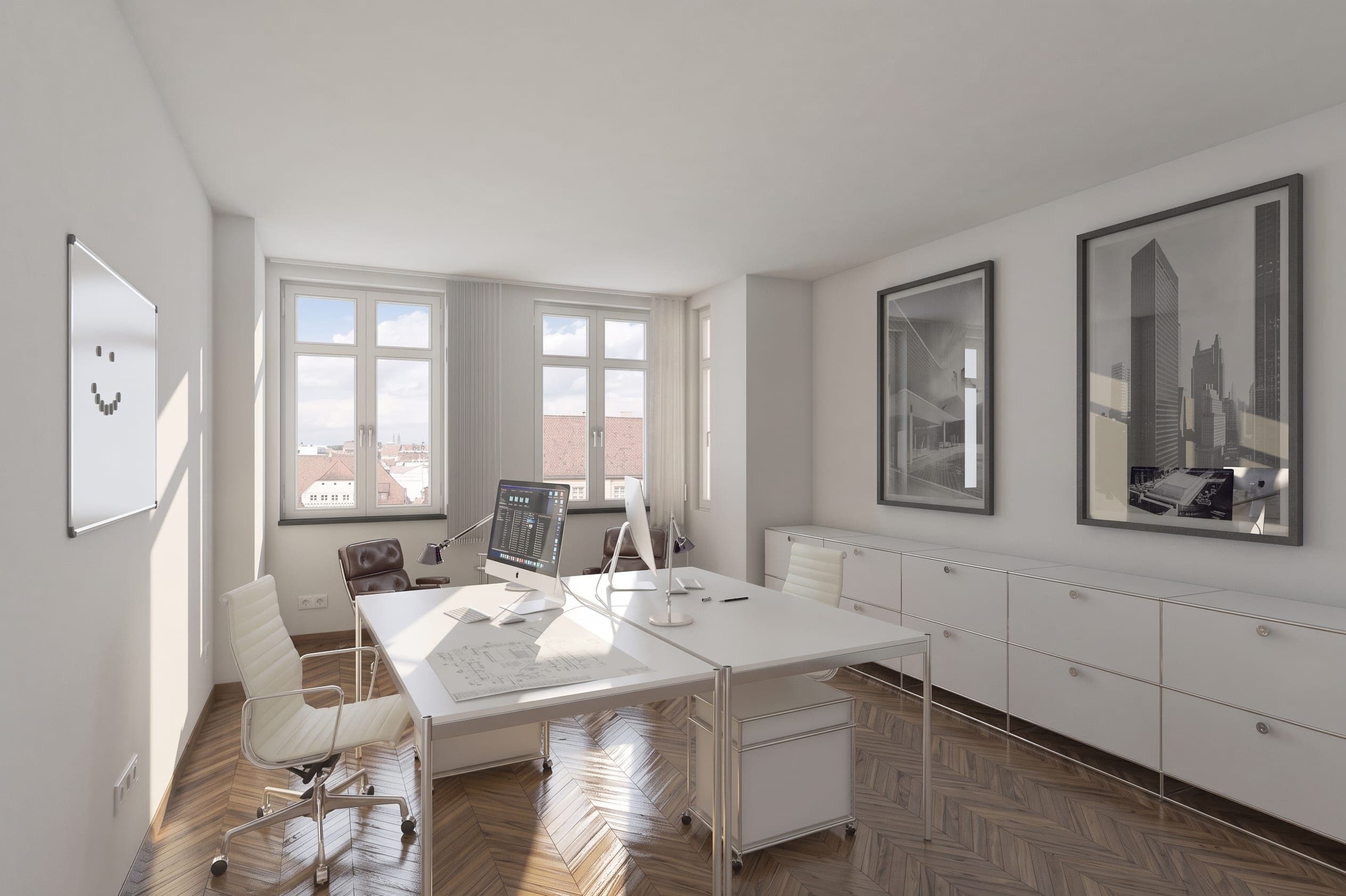 Two-person office as a visualisation, looking out over the rooftops of Nuremberg through two tall windows