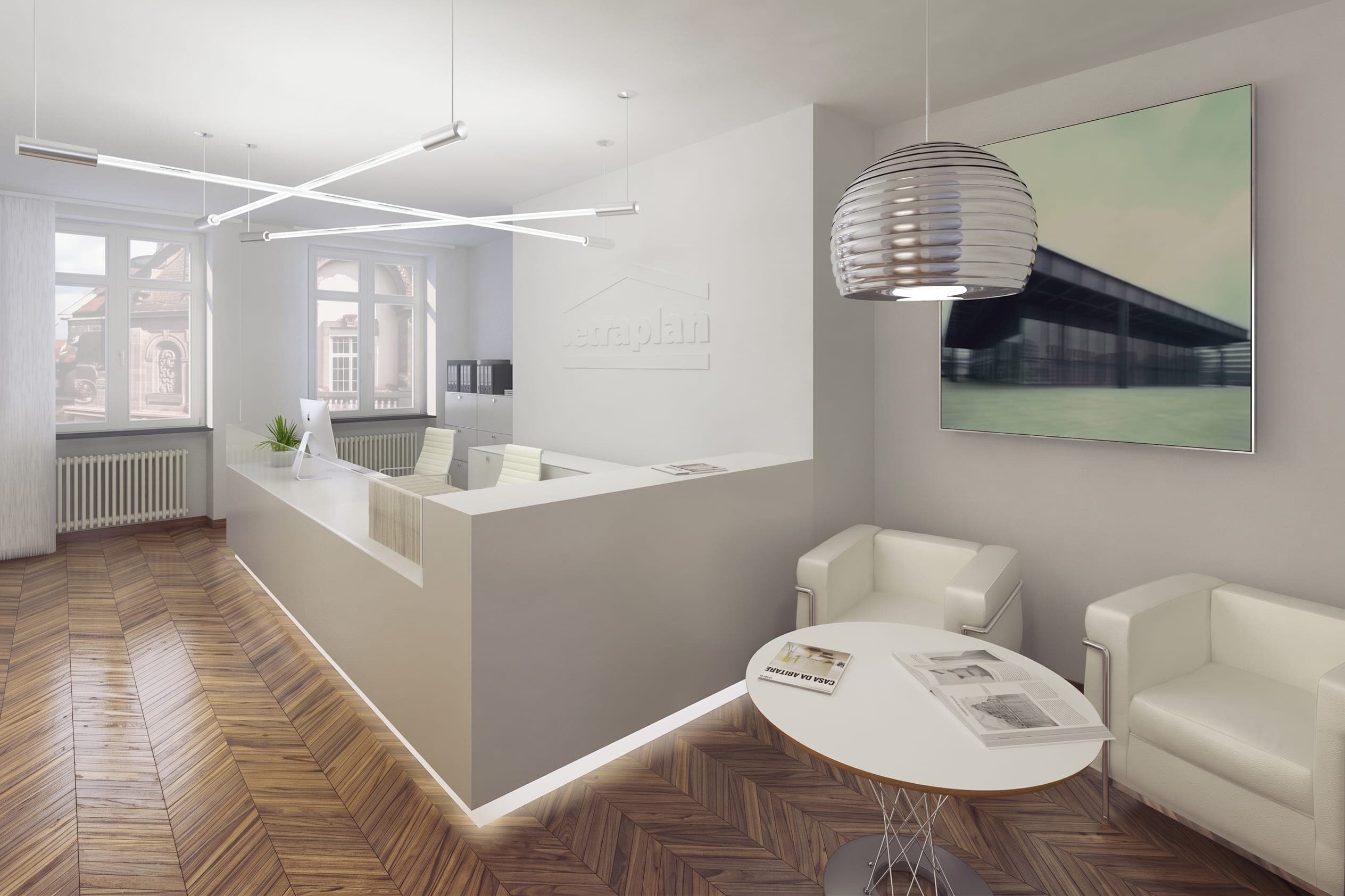 Visualisation of the office reception with pendant lights above the desk, a waiting area and a large wall picture